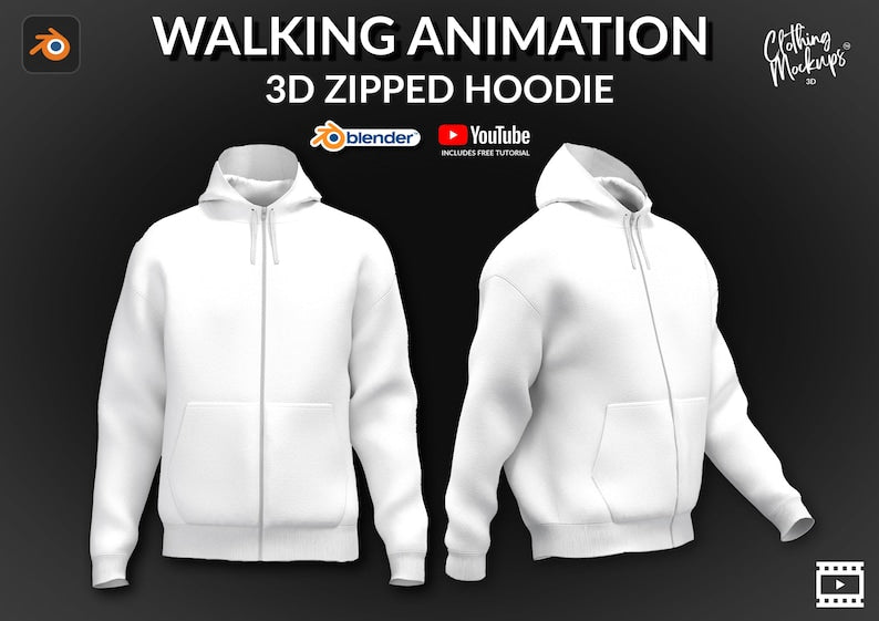 3D Full Zip Hoodie Mockup Walking Animation Blender obj File Included for Easy Customization Perfect for Photoshop & Canva Realistic Mockup