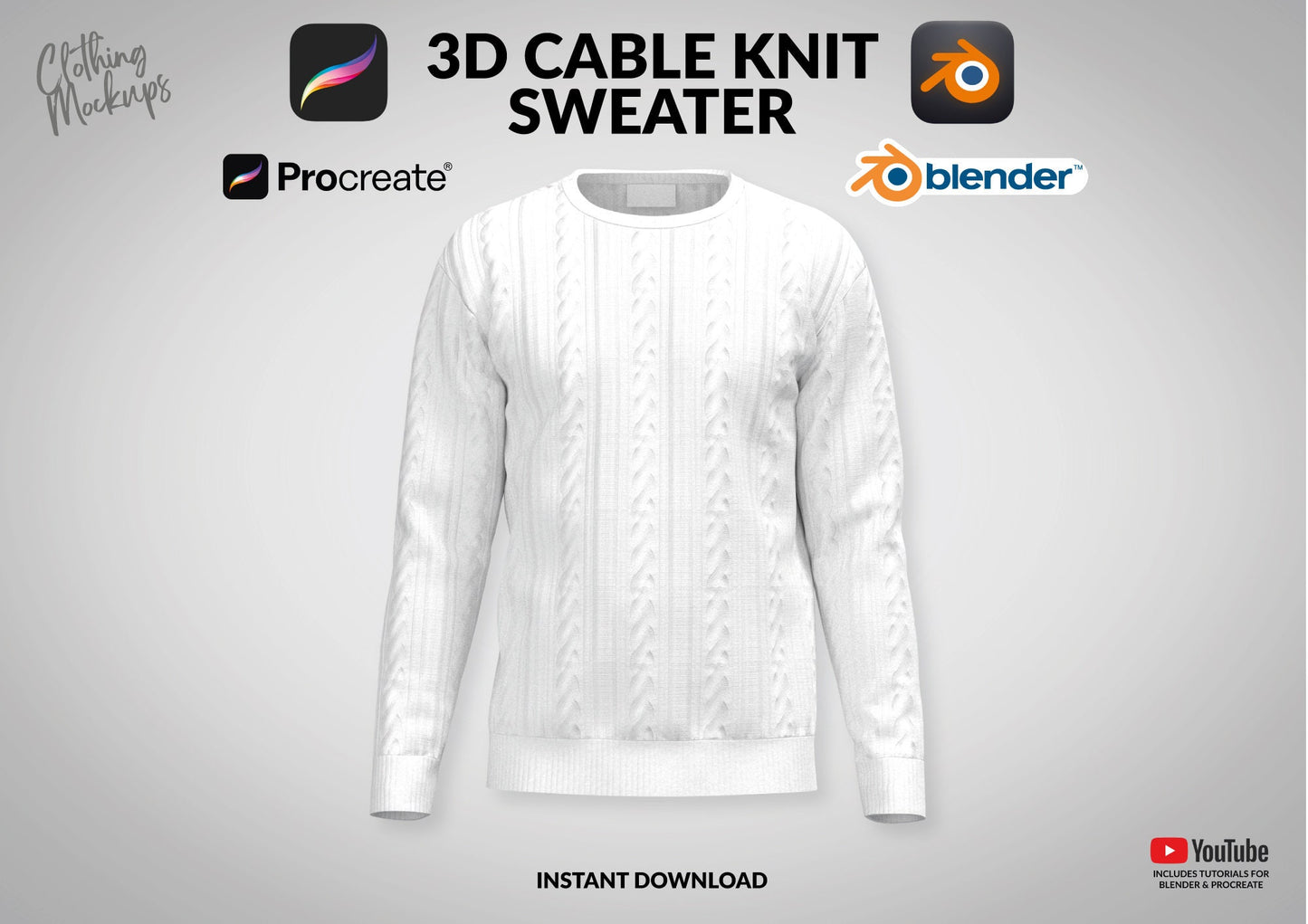 3D Cable Knit Sweater Jumper Procreate Blender with Long Sleeves mockup fashion design illustration template drawing technical illustration