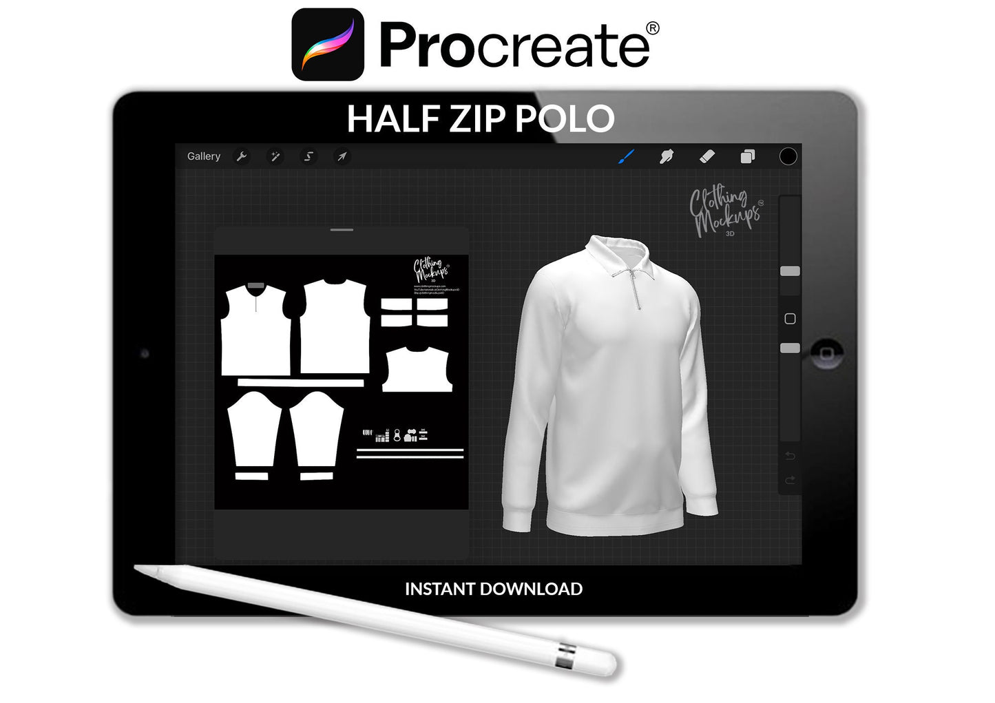 3D Mockup Polo Procreate half zip long sleeve fashion design illustration