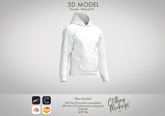 3D Hoodie - Relaxed fit - Procreate / OBJ / Marvelous Designer / CLO3D