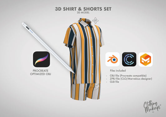 3D Shirt & Shorts Set - Procreate / OBJ / Blender / CLO3D / Marvelous Designer / ZPRJ / GLB