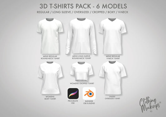 3D T-SHIRT PACK - Procreate, obj & Blender: Regular Tee, long-sleeve, Oversized, Boxy, Cropped and V-neck tshirts