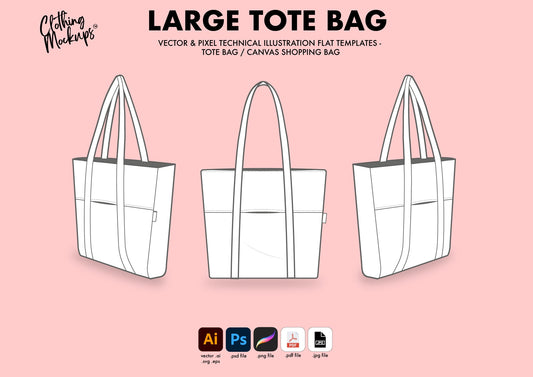 Flat Technical Drawing - Tote bag canvas shopping bag template Procreate png illustrator ai Photoshop psd