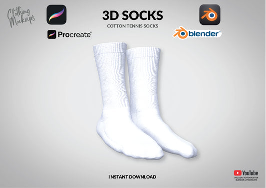 3D Socks mockup Procreate Blender Photoshop cotton tennis socks for men and women unisex add your own design realistic design