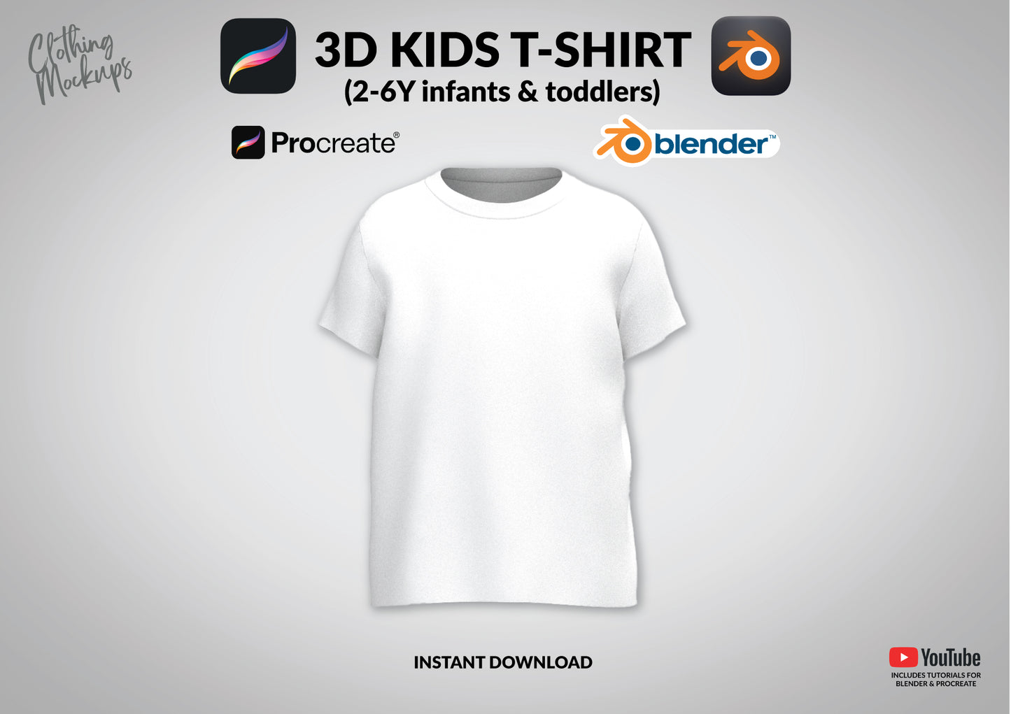 3D Kids T-shirt Mockup Blender Procreate Photoshop Toddler Infant 2-6Y Children's T-shirt Tee