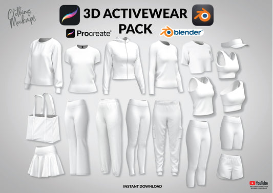 3D ACTIVEWEAR PACK Blender Procreate Fashion Design Photoshop Mockup Apparel Clothing Hoodie Sweater Bag T-shirt Leggings Cap Shorts