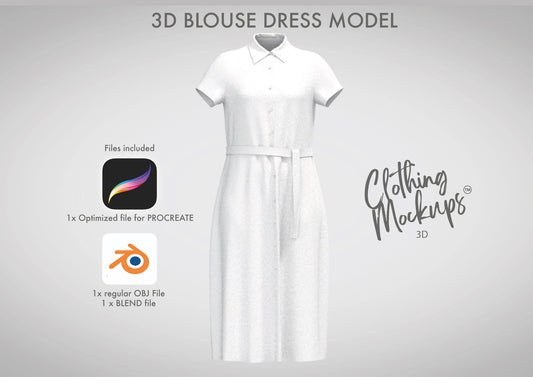 3D Dress Procreate Blender Fashion Design illustration apparel technical design Blouse with Buttons Clothing Sketch Coloring Graphics
