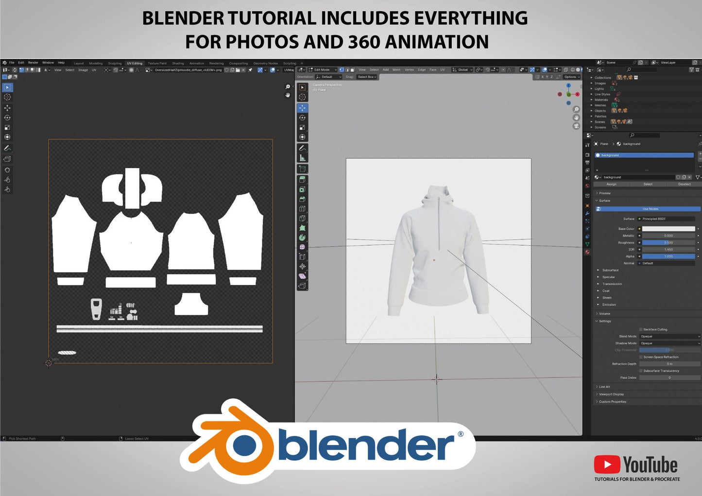 3D mockup Half zip hoodie Procreate Blender Canva Photoshop tutorials included easy beginner friendly