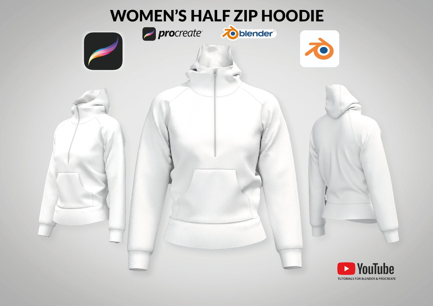 3D mockup Half zip hoodie Procreate Blender Canva Photoshop tutorials included easy beginner friendly