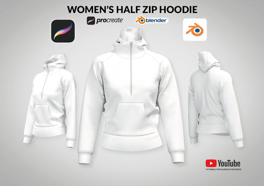 3D mockup Half zip hoodie Procreate Blender Canva Photoshop tutorials included easy beginner friendly