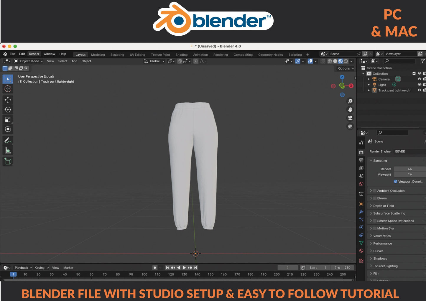 3D Track Pant Joggers Sweatpants Procreate iPad Blender PC Mac animation women's mockup beginner friendly tutorial included