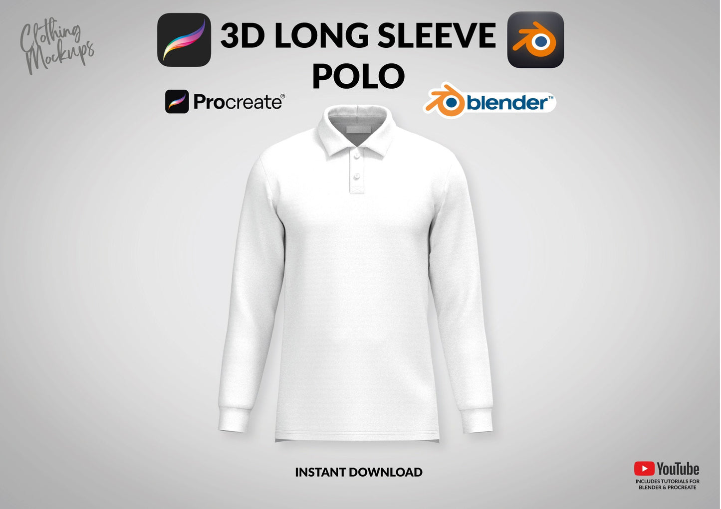 3D Polo Template: Procreate Fashion Design Blender Mockup Long Sleeve apparel Illustration