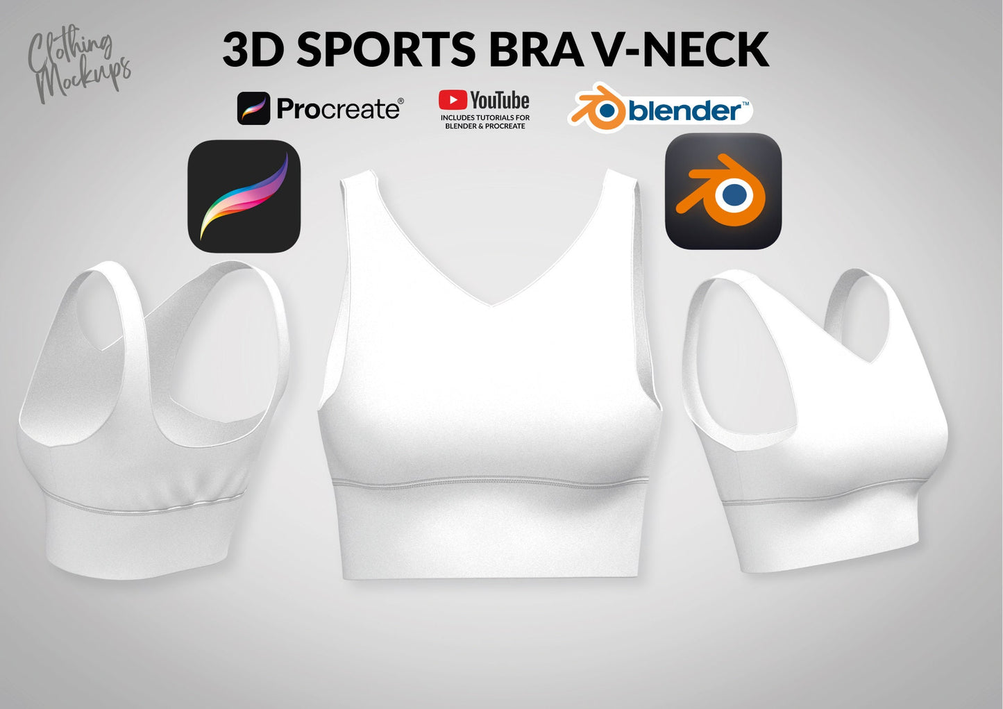 3D Sports Bra Procreate iPad Blender PC Mac animation women's V-neck yoga apparel mockup beginner friendly tutorial included