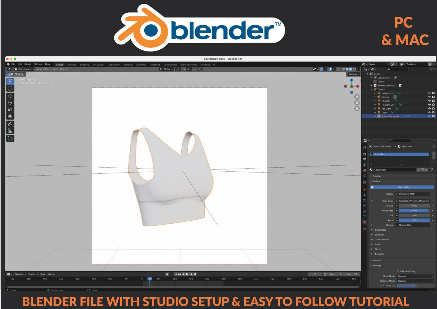 3D Sports Bra Procreate iPad Blender PC Mac animation women's V-neck yoga apparel mockup beginner friendly tutorial included