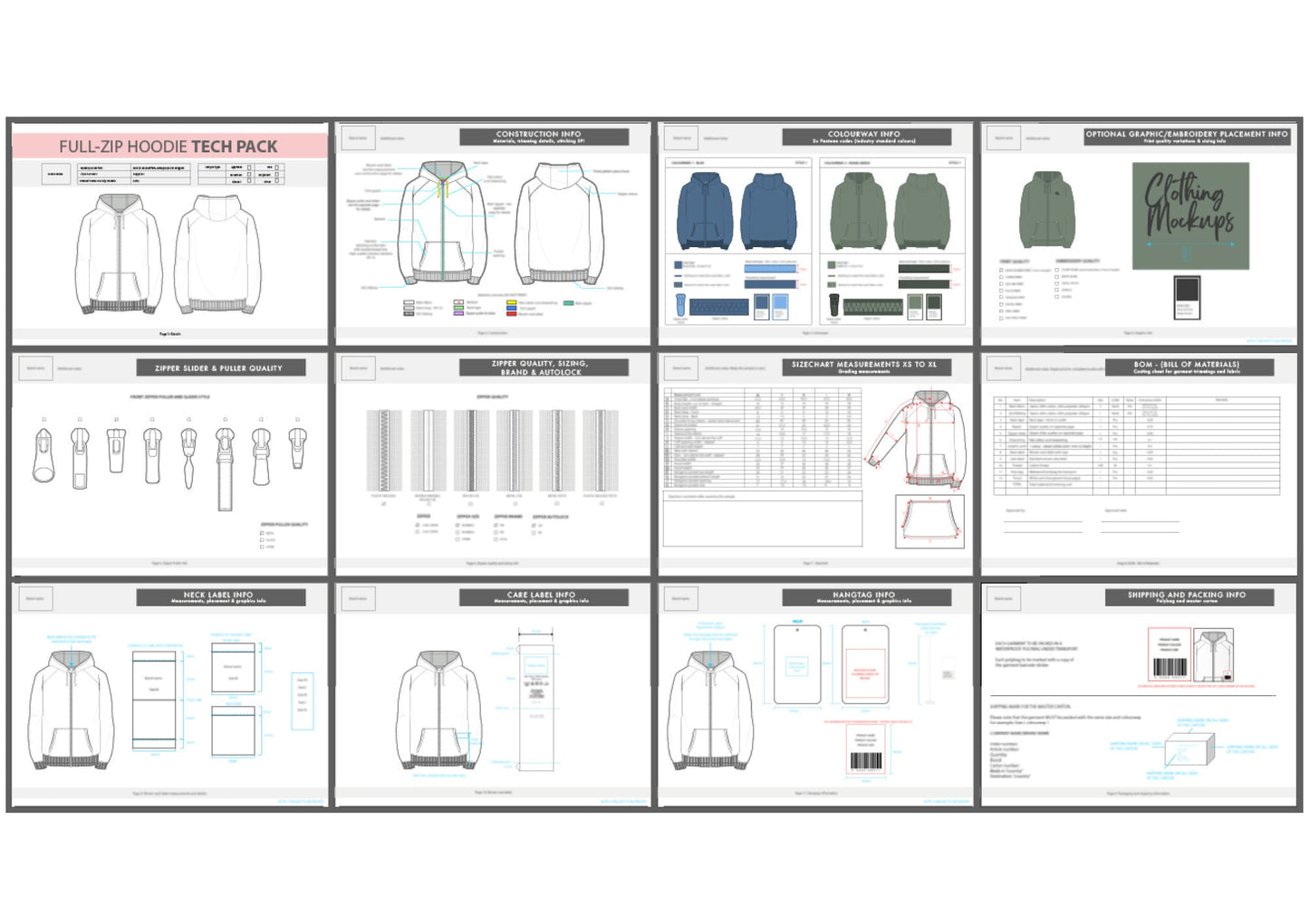 Full zip Hoodie TECH PACK – ClothingMockups